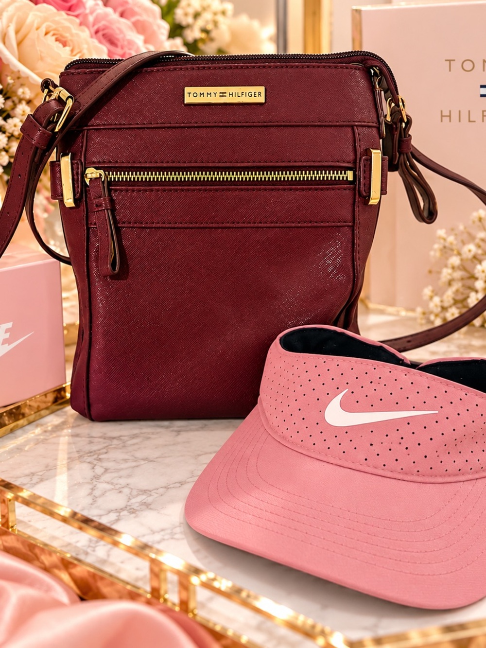 💕 Pink Nike Visor + Tommy Hilfiger Gold Hardware Crossbody—Chic Everyday Bundle!